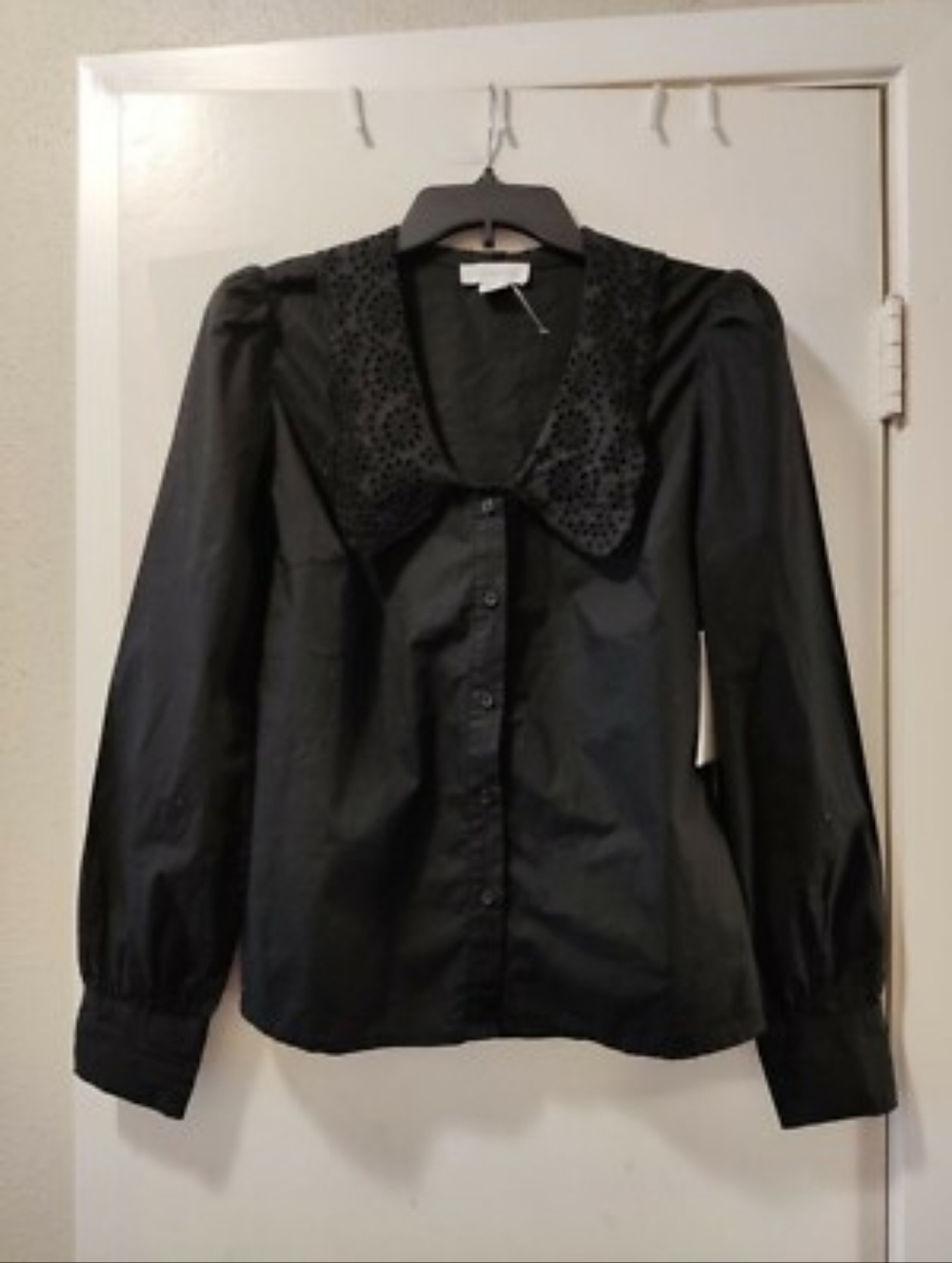 XL Calligraphie Black Eyelet-Collar Button Shirt Victorian Goth Office Vampire